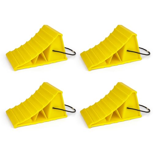 Wheel Chocks with Rope, Heavy Duty Non-Slip Tire Chocks for Trailer Camper Truck Car, Bright Yellow Lightweight Wheel Blocks Fit Tires Up to 26", 4 Pack - size: 4pcs