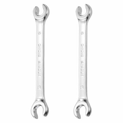 HARFINGTON 2 Pcs Flare Nut Wrench 9mm x 11mm Metric Double Open End Thick Spanner Mirror Polish Finish 45# Steel Brake Line Wrench For Fuel Tube Hose Transmission Line, Silver - size: 9mm x 11mm