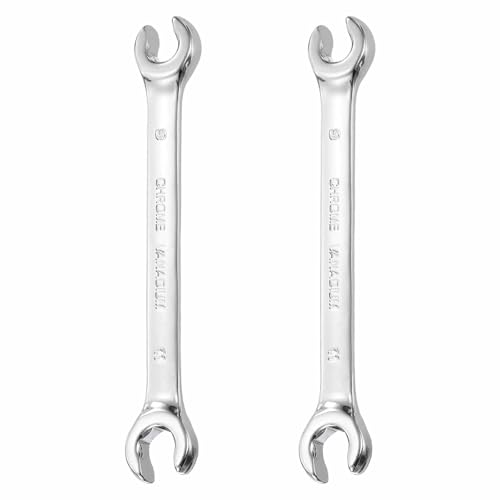 HARFINGTON 2 Pcs Flare Nut Wrench 9mm x 11mm Metric Double Open End Thick Spanner Mirror Polish Finish 45# Steel Brake Line Wrench For Fuel Tube Hose Transmission Line, Silver - size: 9mm x 11mm