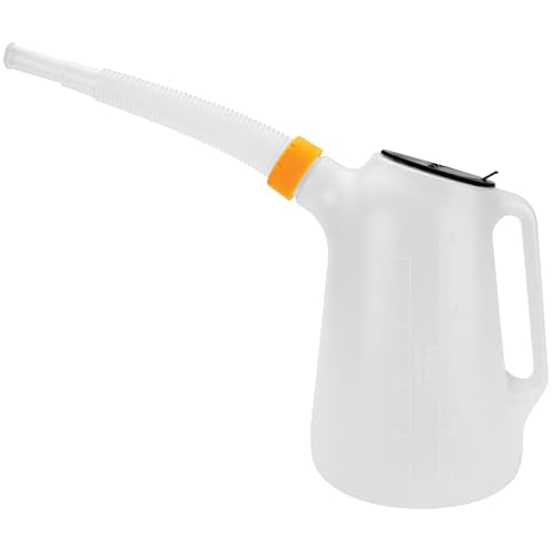 Performance Tool W4046 5 Qt. Oil Jug w/Lid - Measurement Markings, Pouring Handle, Flexible Spout, Spill-Free Oil Transfer, White