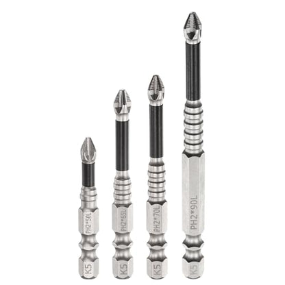 HARFINGTON 4pcs Impact Phillips Screwdriver Bit Set PH2 (#2) Anti Slip Tip 1/4" Hex Shank 2"/2.6"/2.8"/3.5" (50mm/65mm/70mm/90mm) Long Magnetic Cross Screw Driver Drill Bits - size: PH2 x 2"/2.6"/2.8"/3.5"