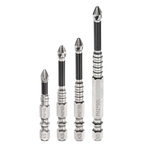 HARFINGTON 4pcs Impact Phillips Screwdriver Bit Set PH2 (#2) Anti Slip Tip 1/4" Hex Shank 2"/2.6"/2.8"/3.5" (50mm/65mm/70mm/90mm) Long Magnetic Cross Screw Driver Drill Bits - size: PH2 x 2"/2.6"/2.8"/3.5"