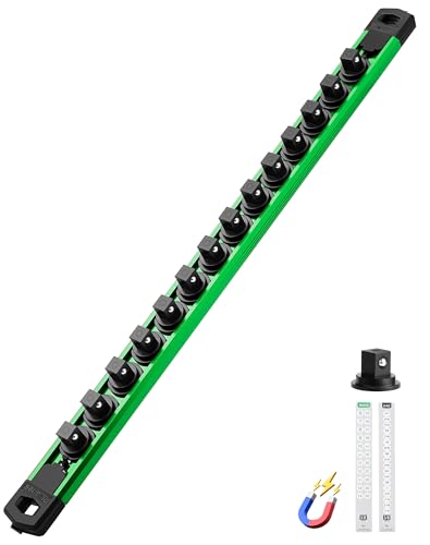 ALOANES Magnetic Socket Organizer Set, 3/8-Inch Drive Heavy Duty Aluminum Socket Rail Organizer, 360° Swivel Clips Socket Holder Kit for Toolbox Drawer Fit 3/8-Inch x 14 Clips (Green, 1PC) - color: Green, size: 1PC, 3/8-Inch Drive