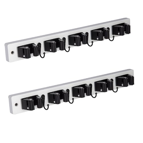 2 Pack Broom Holder Wall Mount With 5 Slots & 4 Hooks，Rustic Wood Broom & Mop Hanger，Wall Mounted Garden & Garage Tool Storage Organizer Rack for Closet Laundry Room or Kitchen Wall Decor White - color: 2 Pack White