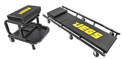 JEGS Creeper and Mechanic Seat Set | Memory Foam Padding | Black Logo | 350 LBS Capacity | 2" Caster Wheels
