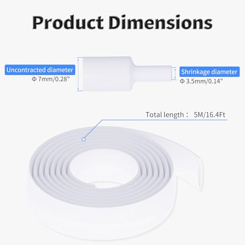 5M Heat Shrink Tubing, 7mm OD, 2:1 Ratio, White | Polyolefin Shrinkable Tube, Waterproof Electrical Insulation Tubing, for Wire Cable and Electronic Component Protection - size: 5M Φ7 White