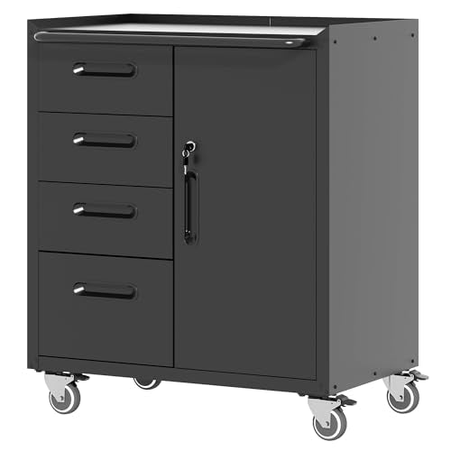 Mobile Tool Storage Cabinet with 4 Drawer and 1 Locking Doors,Heavy Duty Rolling Tool Cabinets for Garage,Metal Storage Cabinets Tool Cart on Wheels with Wheels,Assembly Required - color: Black, style: 1 door 4 drawer with wheels