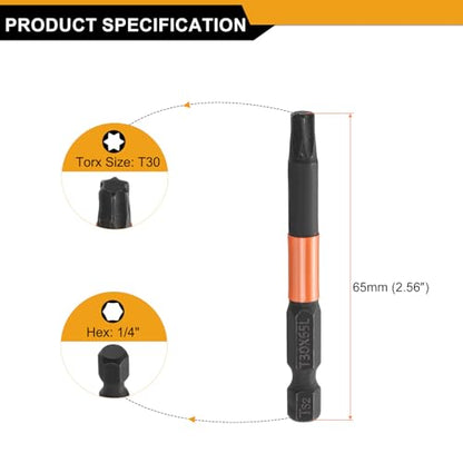 HARFINGTON 3pcs T30 Torx Head Screwdriver Bit 2.56" (65mm) Long 1/4" Hex Shank Magnetic No Hole Tamper Proof 6 Point Star Screw Driver Drill Bits Phosphate S2 Steel Industrial Power Tools - size: T30
