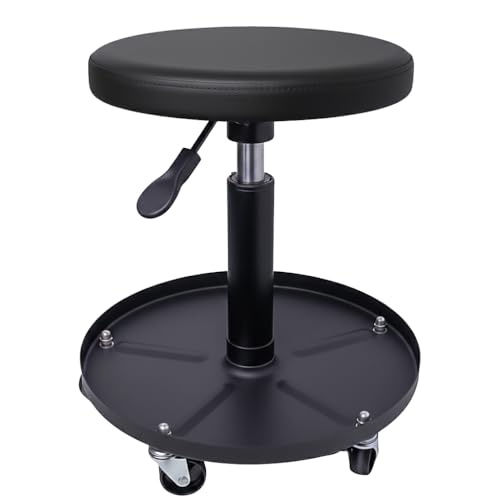 Mechanic Stool, 300 LBS Rolling Pneumatic Creeper Garage/Shop Seat, Adjustable Height Padded Rolling Workshop Stool with Tool Tray, for Garage, Shop, Auto Repair (Black) - color: Black