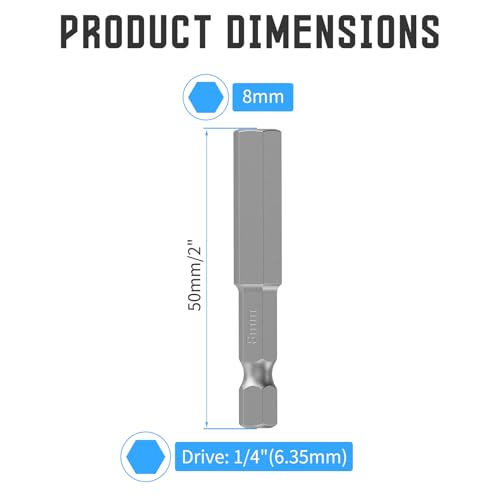 5 Pcs H8 S2 Steel Hex Bit, 8mm, 50mm Length, 1/4" Shank | Magnetic Hex Allen Wrench Screwdriver Bit, 1/4" Hex Shank, Impact Driver Bit for Furniture, Auto Repair & DIY - size: H8, style: 50mm