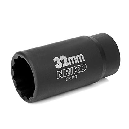NEIKO 02523A 32mm Socket | 1/2” Drive Deep Impact Socket | Spindle & Axle Nut Socket | 12 Point |Chrome Molybdenum Cr-Mo |Deep Well Hub | Triple Square | Axle Shaft Nut Remover - size: 32 mm (Single)