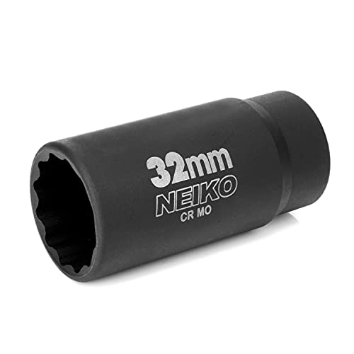 NEIKO 02523A 32mm Socket | 1/2” Drive Deep Impact Socket | Spindle & Axle Nut Socket | 12 Point |Chrome Molybdenum Cr-Mo |Deep Well Hub | Triple Square | Axle Shaft Nut Remover - size: 32 mm (Single)