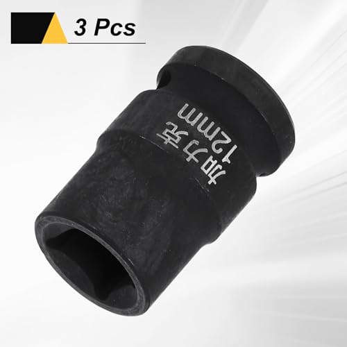 HARFINGTON 3pcs 4 Point Square Socket 1/2" Drive 12mm Metric Square Impact Socket CR-V Blackening Standard Wheel Sleeve Pneumatic Sleeve Tool for Auto Repair Mechanical Maintenance Home Use - size: 12mm