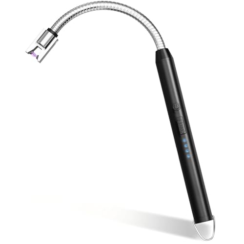 Electric Candle Lighter, Safty Lock, Long Flexible Neck, USB Type-C Port, Rechargeable Lighter, Windproof Flameless, Led Display, for Home Kitchen (Black)