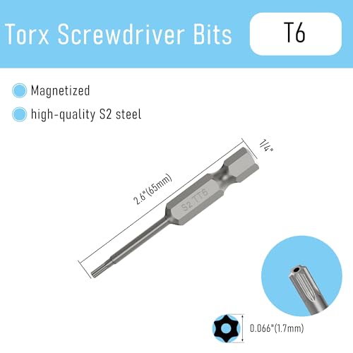 5PCS T6 Magnetic Tamper Proof Torx Screwdriver Bits, 1/4 Inch Hex Shank 2.6 Inch Length S2 Steel Security Drill Torx Head Drill Screw Driver Tools(65mm Long, Star 6 Point) - size: T6