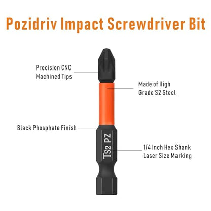 10Pcs Impact Pozidriv Screwdriver Bits PZ1/PZ2/PZ3, 2 Inch Length with 1/4 Inch Hex Shank, S2 Steel Magnetic Impact Screwdriver Bits Set