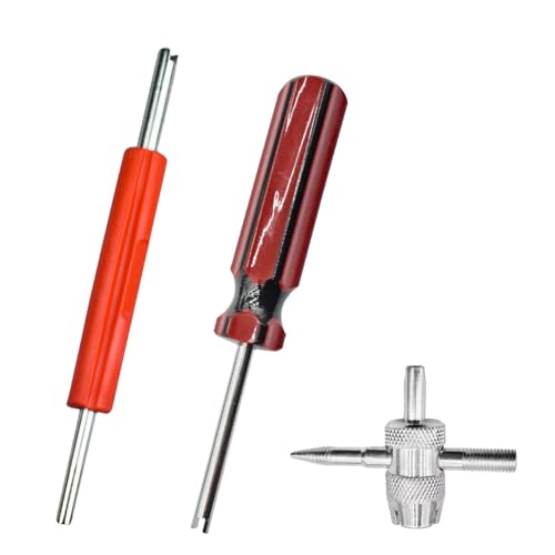 3PCS Tire Valve Stem Removal Tool Kit, Includes Single & Double Heads Valve Core Remover, 4-Way Valves Tool, Multifunctional Tire Installer Repair Kit Suitable for Car, Truck, Bicycle(Red)