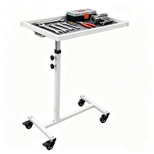 IDEALHOUSE Rolling Tool Cart Workbench, 220LBS Capacity Height Adjustable Mechanic Tool Tray Table with 360° Swivel Wheels & Non-Slip Mat, Heavy Duty Mobile Work Station for Garage Workshop Warehouse - color: White