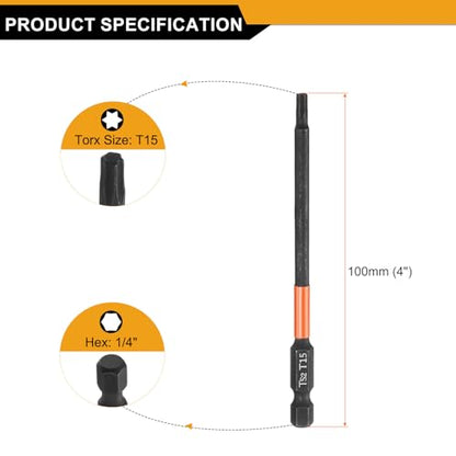 HARFINGTON 3pcs T15 Torx Head Screwdriver Bit 4" (100mm) Long 1/4" Hex Shank Magnetic No Hole Tamper Proof 6 Point Star Screw Driver Drill Bits Phosphate S2 Steel Industrial Power Tools - size: T15 x 100mm