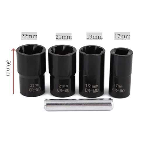 1/2” Drive Impact Bolt Nut Extractor Set, 5pcs Locking Wheel Lug Nut Remover Kit 17mm 19mm 21mm 22mm Twist Socket Tool Set Including a Punch Rod - size: 17-22mm 5pcs