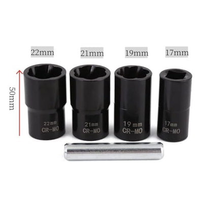 1/2” Drive Impact Bolt Nut Extractor Set, 5pcs Locking Wheel Lug Nut Remover Kit 17mm 19mm 21mm 22mm Twist Socket Tool Set Including a Punch Rod - size: 17-22mm 5pcs