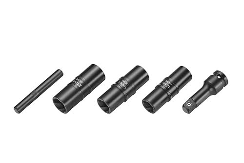 5PCS 1/2-Inch Damaged Bolt Extractor Flip Socket Set, Rounded-off Lug Nut Socket Removal, Metric, 17MM, 19MM, 21MM, W/3-Inch Extension, and a drift punch nut removal bar
