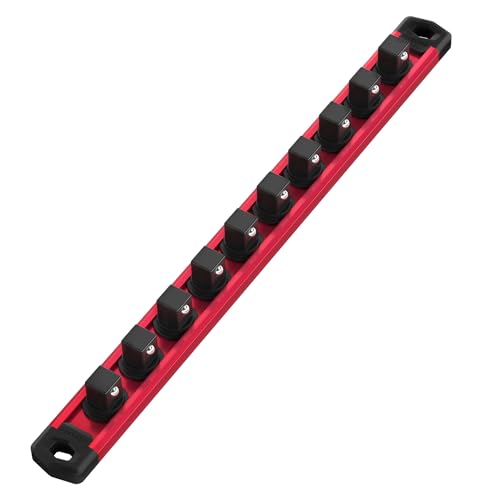 WORKPRO Magnetic Socket Organizer, Heavy Duty 1/2-Inch Drive Socket Rail | 1 Piece Socket Holder with 10 Spots, Aluminum Alloy, Rotatable & Movable Clips, Efficient Organization - color: Red, size: 1/2" DR