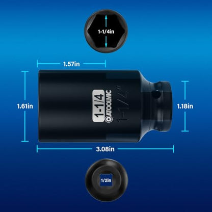 1/2" Drive x 1-1/4 Inch Deep 6PT CR-MO Impact Socket for Removing Axle nut | SAE Socket,6-Point Radius Corner Design,Two Size Markings,Square Chamfered Opening,For Removal of Axle Nut - size: 1-1/4 Inch, style: 1/2" Drive Deep Socket