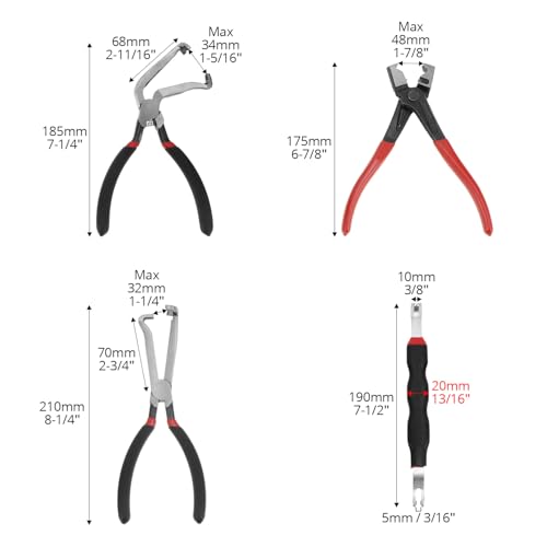 QWORK Electrical Disconnect Pliers Set - 8" Fuel Line Petrol Clip, Automotive Tools Electrical Connector Tool & Safety Wire Pliers, for Push Tab Style Plugs