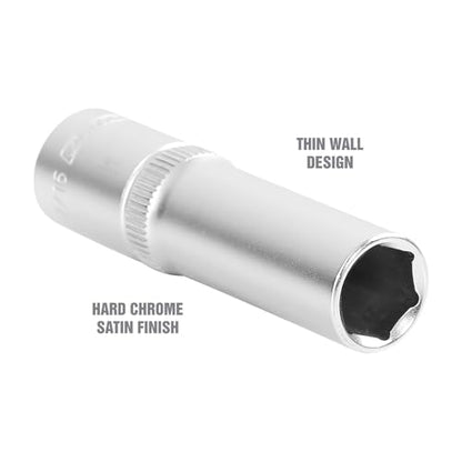 OEMTOOLS 22343 7/16" SAE Deep Socket, 3/8" Drive Sockets, Individual Sockets, Thin Wall Design for Tight Spaces, Easy Identification, Hex Automotive Tool