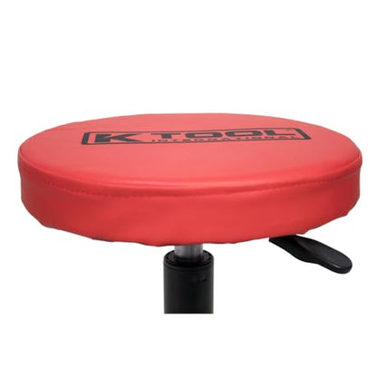 K Tool International 74971 Adjustable Rolling Mechanic Seat for Garages, Repair Shops, and DIY, Pneumatic Lift, (5) 2.5" Swivel Casters, Height Range 14" to 19", 12" Padded Seat, Tool Tray, Black/Red