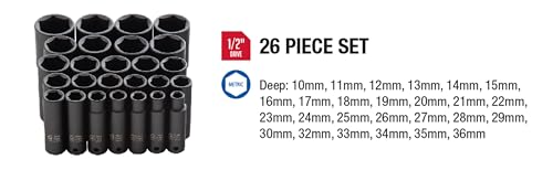SUNEX TOOLS 2646, 1/2 Inch Drive Deep Impact Socket Set, 26-Piece, Metric, 10mm-36mm, Cr-Mo Alloy Steel, Radius Corner Design, Heavy Duty Storage Case