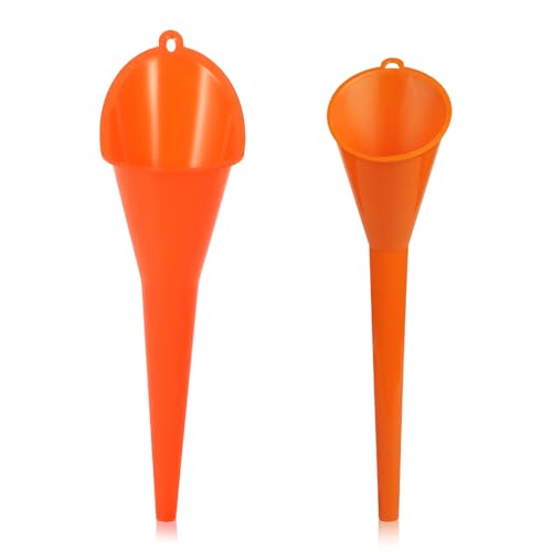 2 PCS Oil Funnel, Multi-Purpose Plastic Long Neck Oil Funnel, Automotive Use Funnels for Filling Oils Lubricants Water Diesel, Kitchen Funnels for Filling Bottles Jars (Orange, L+S) - color: Orange, L+S, 2 PCS