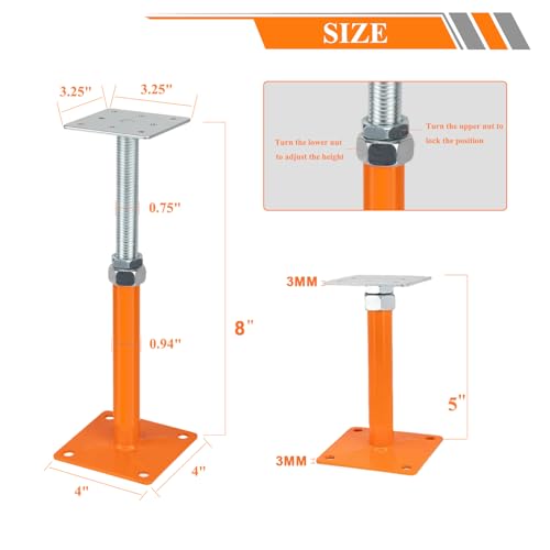 Adjustable Mini Screw Jacks, House Floor Jacks for Leveling 8 PCS 5" - 8" Height Range, Foundation Support Pole, Home Crawl Space 8 Pack Joist Lifting Post, Adjustable Post Base - size: 5"-8"