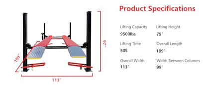KATOOL 9500lbs Heavy Duty 4/Four Post Car Lift 3.0HP Lifting Capacity, 84" Max Lifting Height, Aluminum Ramp, with Caster(Moving Kit) Oil Tray Jack Tray, Storage Parking Car Lift Home Service, 110v