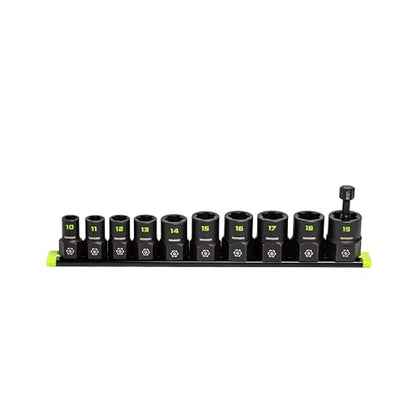 GRIPEDGE Tools | 10-PC – 3/8'' Drive Metric RPT Socket Extractor Set | Sizes 10 – 19 MM | Removes Broken Studs, Stripped Bolts and Lug Nuts | Includes Premium Aluminum Socket Rail|