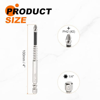 HARFINGTON 6pcs Impact Phillips Screwdriver Bit PH2 (#2) Anti Slip Tip 1/4" Hex Shank 4" (100mm) Long Magnetic Cross Screw Driver Industrial Power Drill Bits for Remove Fastening Screws - size: 4 inch