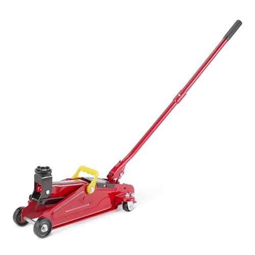 Amazon Basics Hydraulic Floor and Portable Car Jack, 2.2 Short Ton/2 Metric Ton/2 Tonne/2000 kg Capacity, 5.3–13.4 Inch (13.5–34.0 cm) Lifting Range, Slow Release, Suitable for Cars, Red