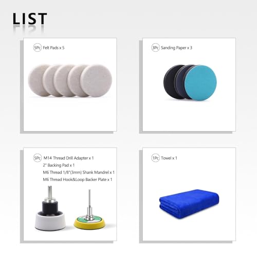 2Inch Car Felt Polishing Buffing Pad, 8pcs Polishing Sanding Discs, Felt Polishing Wheel with Towel, 3mm Shank Backing Pad for Rotary Tools to Polish Glass and Metal (2 Inch Sets 1)