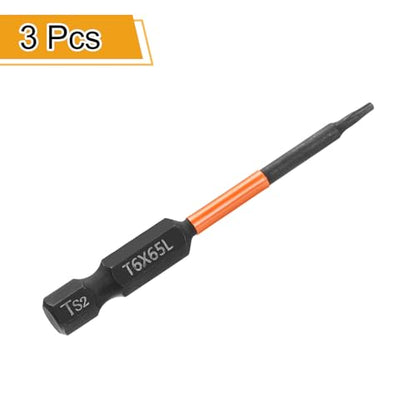 HARFINGTON 3pcs T6 Torx Head Screwdriver Bit 2.56" (65mm) Long 1/4" Hex Shank Magnetic No Hole Tamper Proof 6 Point Star Screw Driver Drill Bits Phosphate S2 Steel Industrial Power Tools - size: T6