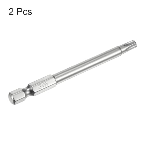 HARFINGTON 2pcs T27 Security Torx Bit 1/4" Hex Shank 3" Long S2 Steel Magnetic Tamper Resistant Star Bits Screwdriver Torx Head with Hole for Driver Drill Bits Remove Fastening Screws - size: T27