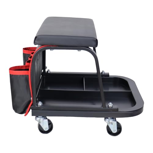 Rolling Mechanic Garage Stool on Wheels with Padded Cushion, Tool Tray Storage and Side Pockets, 300 LBS Capacity, Black - color: Black