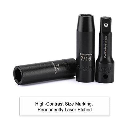 CASOMAN 25PCS 1/2" Drive Impact Socket Set, Deep, Cr-V Steel, 6 Point, Metric&SAE, 12mm to 24mm, 3/8 Inch to 1 Inch, Includes Extension Bars: 3-inch, 5-inch, 1/2-1/4 adapter - size: 1/2"Drive 25pcs Impact Socket Set