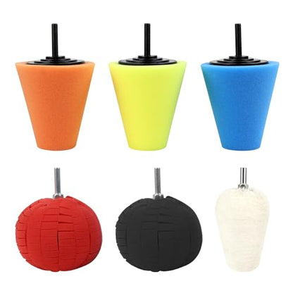 Hovom 6PCS Car Wheel Hub Drill Buffing Sponge Pads Kit, Car Polishing Foam, Sponge Buffing Cone and Polishing Ball Set, Wheel Cleaning Tools Polishing Pads for Drill Attachment (6PCS-4 Cones) - size: 6PCS-4 Cones