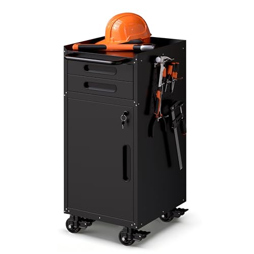 Garage Storage Cabinet,Metal Rolling Tool Cabinet with 2 Pegboard and 10 Hook,Heavy Duty Mechanics Tool Chest Storage for Workshop, Basement,Warehouse,Include Workbench Liner,Black - color: Black, size: 2 Drawer & 1 Doors