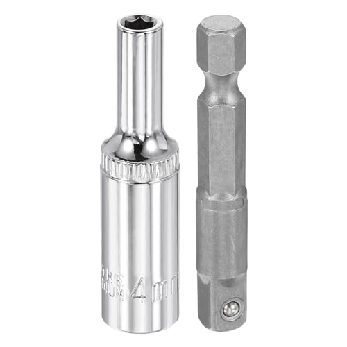 HARFINGTON Deep 6-Point Impact Socket 1/4" Drive 4mm Metric Socket 50mm (2") Long with 1/4" Hex Shank Adapter, CR-V Steel Socket Adapter Accessory Tool Set Kit for Hex Bolts Nuts - size: 4mm x 50mm