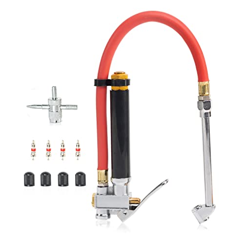 NEIKO 20701A Tire Inflator | 12 Inch | Flexible Air Tire Pressure Gauge | 20 – 120 PSI | 1/4” NPT Offset Dual Head Chuck | Tire Filler with Hose | Aluminum Body and Brass Valves | Stem Valve Caps - size: Tire Inflator