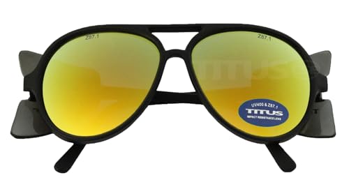 TITUS G35 Retro Aviator Z87 DOT ANSI CE Approved Safety Glasses | W/Protective Side Shields, UV400 Polycarbonate Lenses, Flexible Nylon Stems, Eye Protection, Sunglasses, Motorcycle, Shooting - color: Sungold Rev Mirror Over Smoke