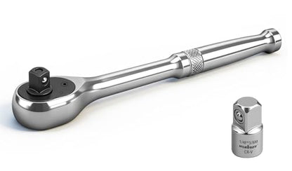 HORUSDY 1/4" Drive 90-Tooth Quick-Release Ratchet Handle with 1/4" to 3/8" Adapter, Reversible Thin Profile Socket Wrench, 4° Swing Arc, Ergonomic Anti-Slip Grip, Ideal for Auto, Bike & Home Repair - style: 1/4" Drive 90T