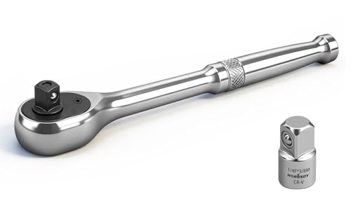 HORUSDY 1/4" Drive 90-Tooth Quick-Release Ratchet Handle with 1/4" to 3/8" Adapter, Reversible Thin Profile Socket Wrench, 4° Swing Arc, Ergonomic Anti-Slip Grip, Ideal for Auto, Bike & Home Repair - style: 1/4" Drive 90T